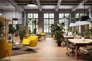 Espaces de travail modernes, colorés avec de la verdure