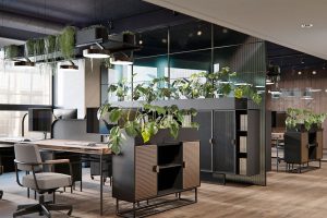 Open space avec beaucoup de plantes et une cloison vitrée