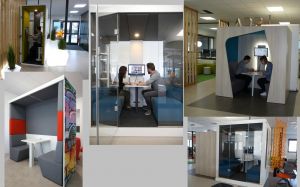 Cabines de travail avec des gens qui travaillent à l'interieur