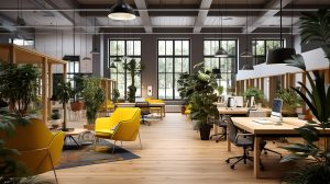 Espaces de travail modernes, colorés avec de la verdure